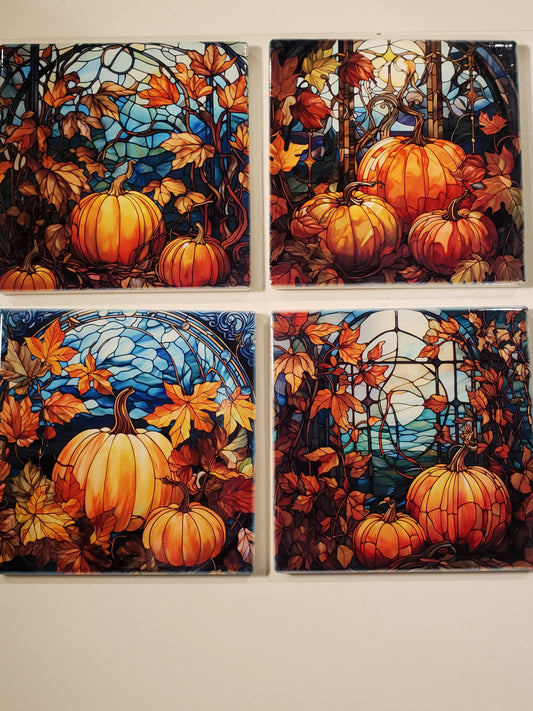 Ceramic Fall Pumpkin Coasters With Cork Backing. Set of 4