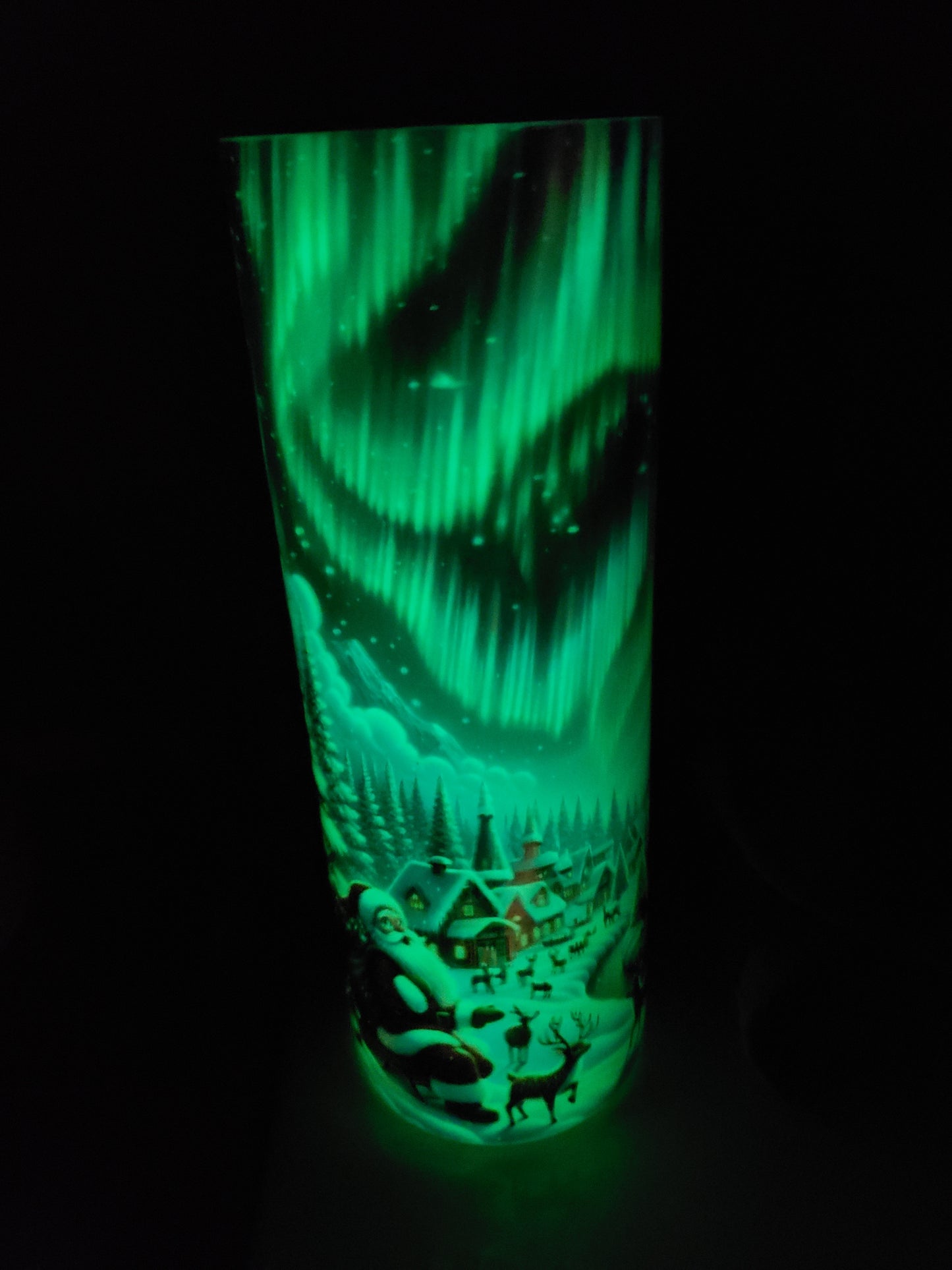 Glow in dark 20oz tumbler Christmas village Northern lights