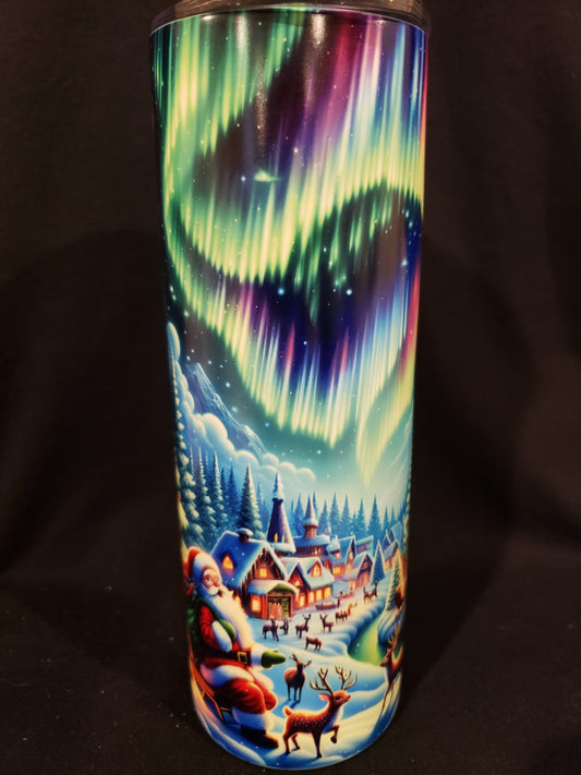 Glow in dark 20oz tumbler Christmas village Northern lights