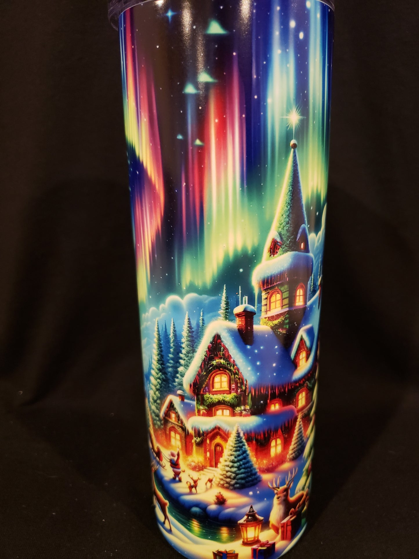 Glow in dark 20oz tumbler Christmas village Northern lights