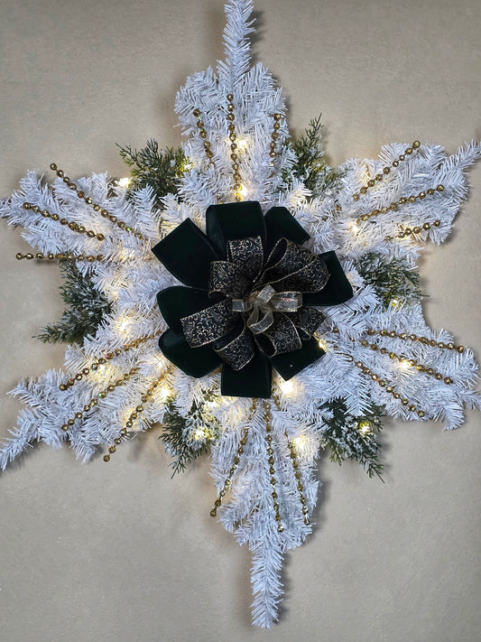 Velvet green bow with gold accents snowflake