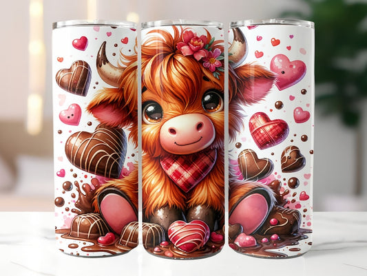 20oz Skinny Tumbler Valentine's Highland cow chocolate hearts