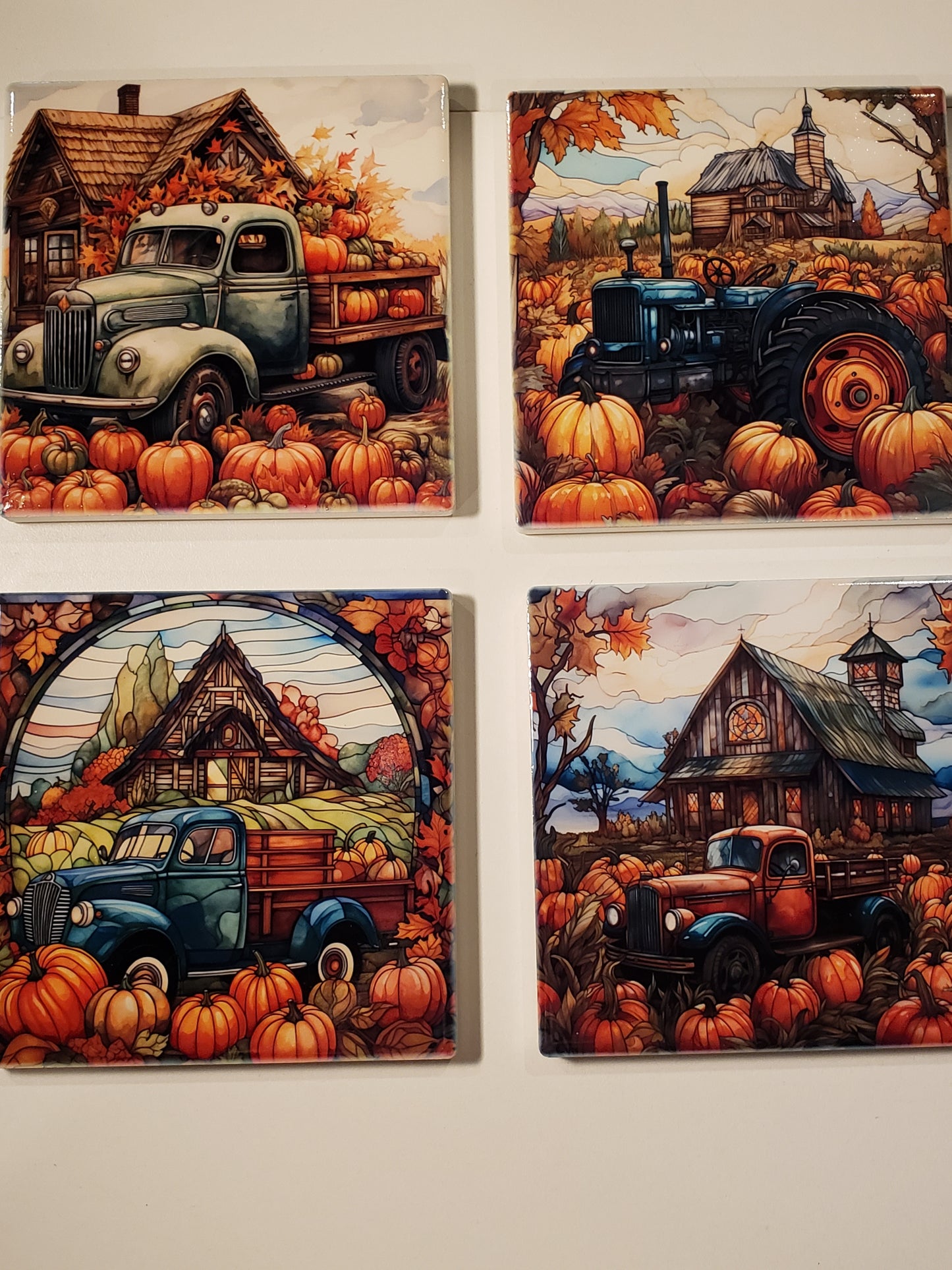 Ceramic Fall Truck Coasters With Cork Backing. Set of 4