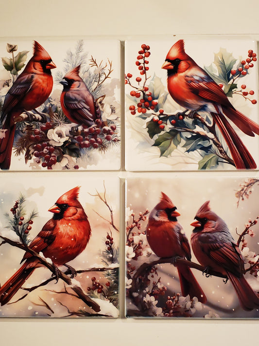 Ceramic Cardinal Coasters Set Of 4