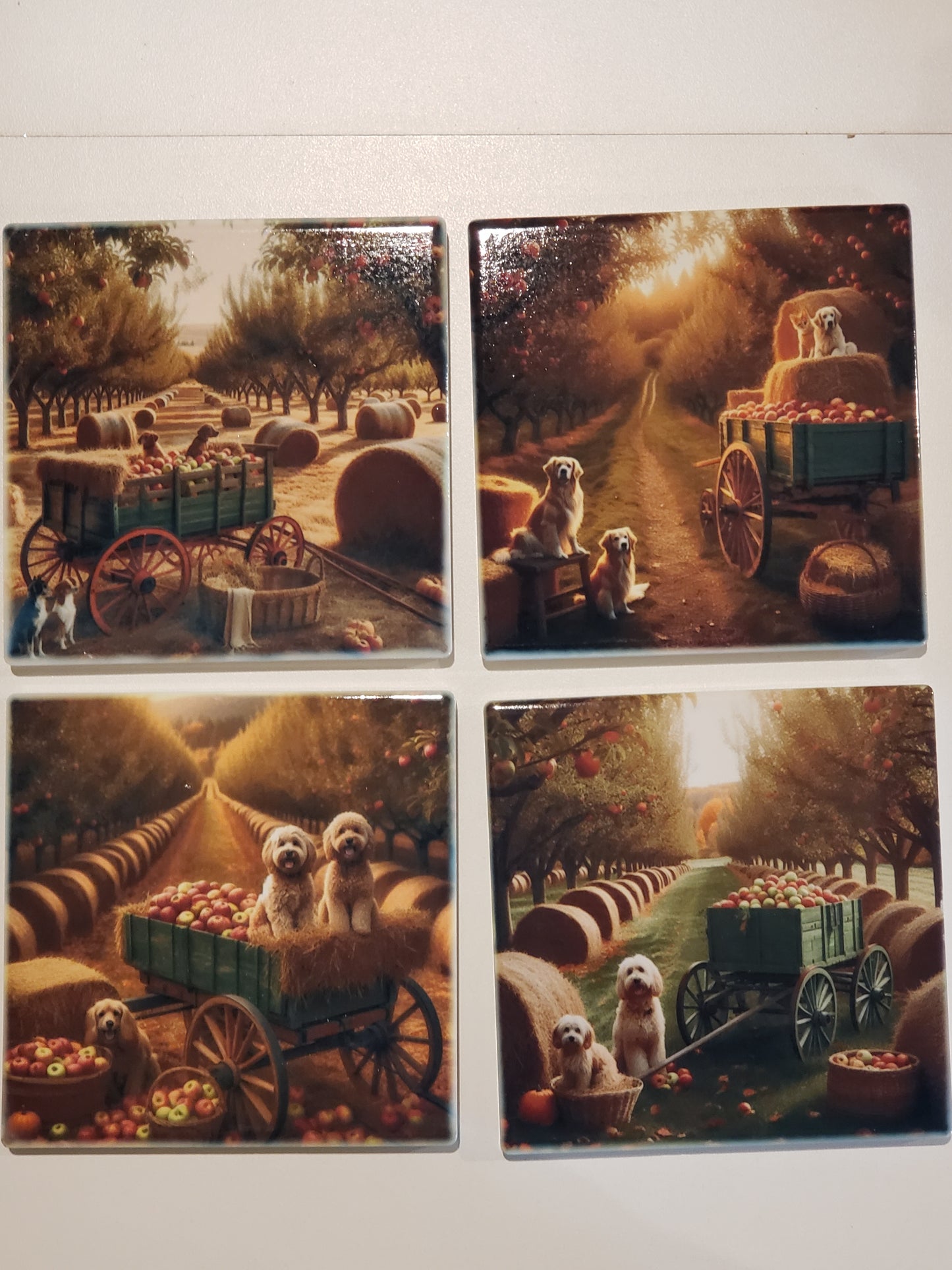 Ceramic Coasters Dogs in the apple orchard set of 4