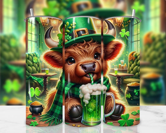 20oz Skinny Tumbler Irish Highlander cow drinking green beer