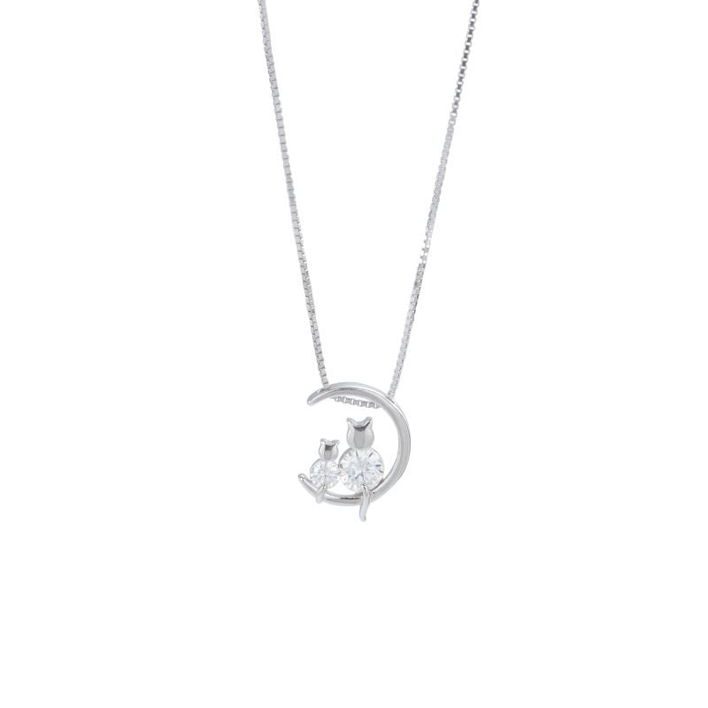  Cute Moon Cats Design Women Exquisite Zircon Silver Chain Necklace