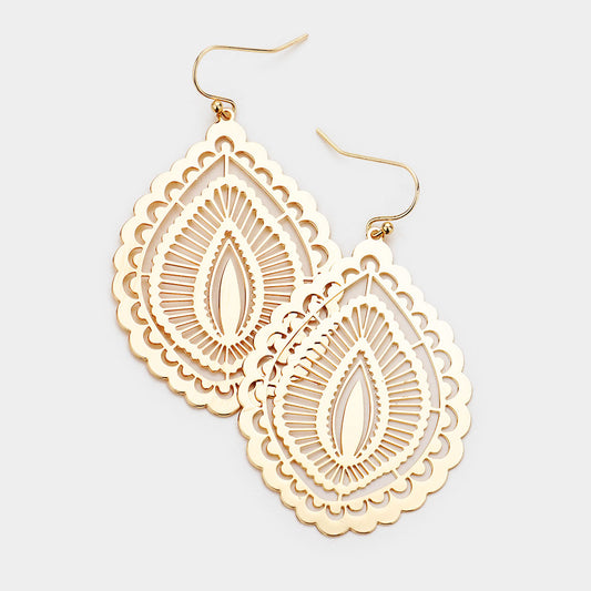 ABSTRACT BRASS METAL DANGLE EARRINGS GOLD