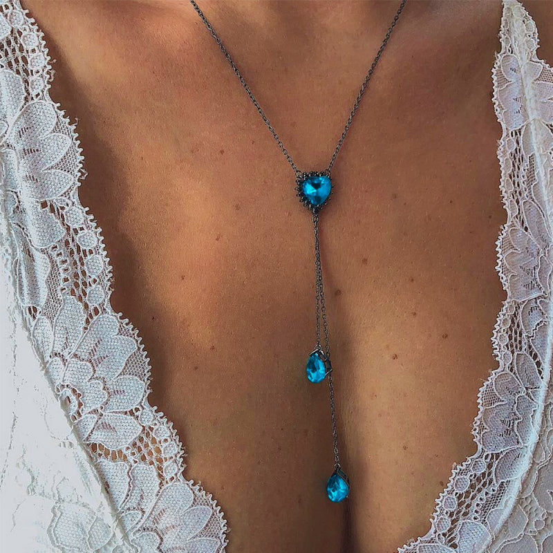 Women Bohemia Blue Crystal Pendant Long Necklace